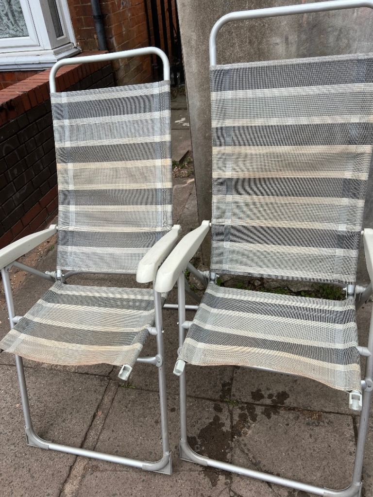 Pair of Folding Garden Chairs – Grey Striped, Good Condition