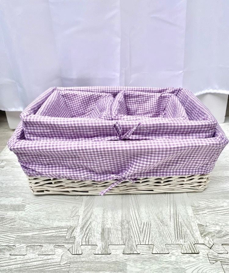 Set of 4 Shabby Chic Rustic Theme Wicker Storage Baskets with Washable Purple Gingham Liner