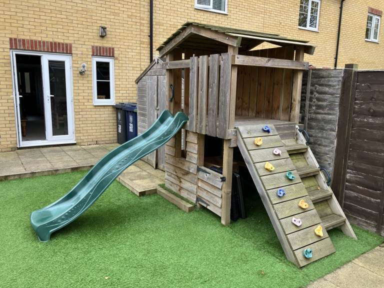 Kids Wooden Play House with Slide and Climbing Wall