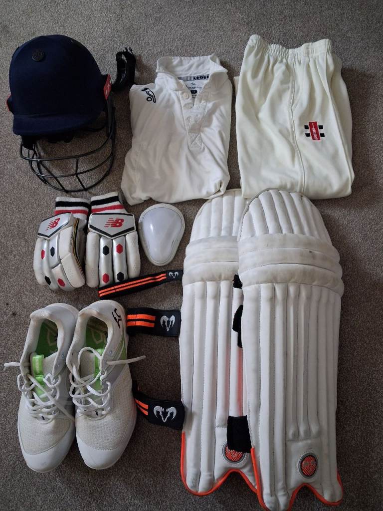 Junior cricket kit set - helmet, pads, clothing and shoes