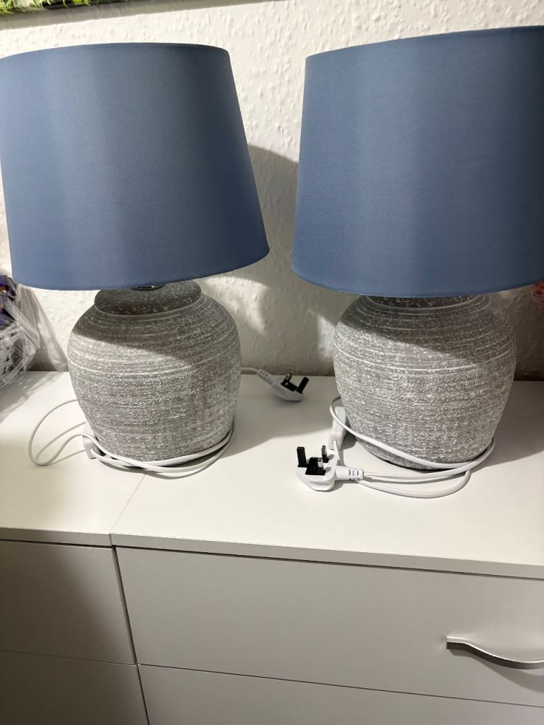 Pair of Grey Table Lamps with Blue Shades