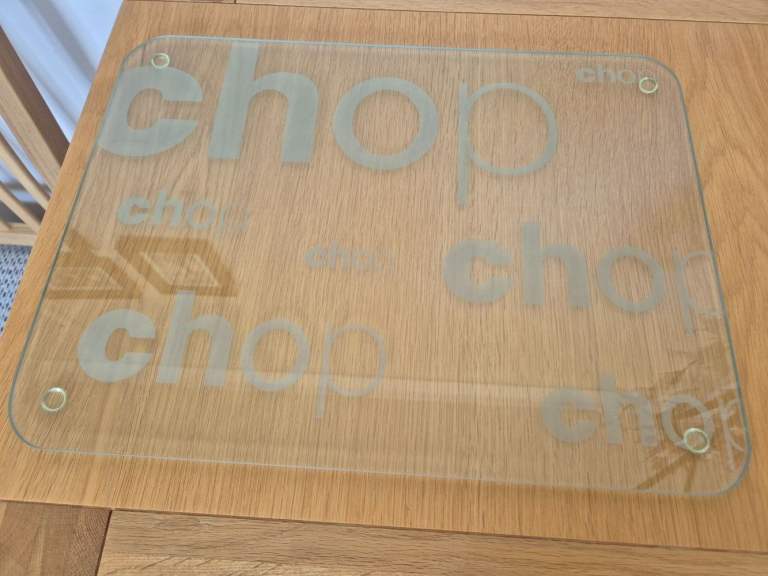 image for Kitchen glass chopping board 40cm x 30cm in size - "Chop chop chop" design