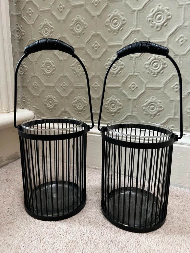 2 x Large indoor /outdoor metal cage candle holders with glass insert