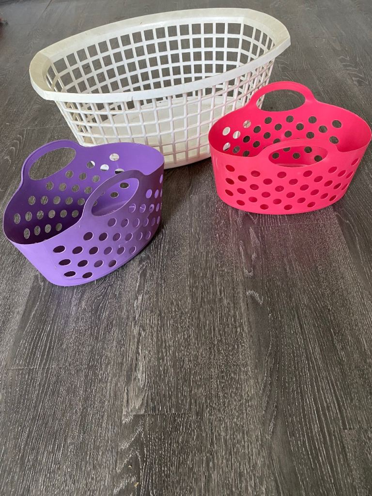 3-Piece Storage Set: Large White Laundry Basket & 2 Flexi Baskets