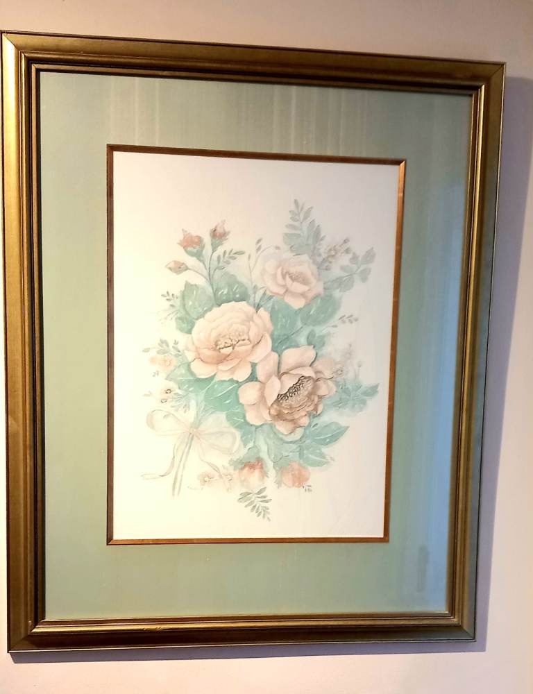 Elegant FLORAL PRINT in pastel green/aqua/pink set within a Gold Wood/Glass Frame