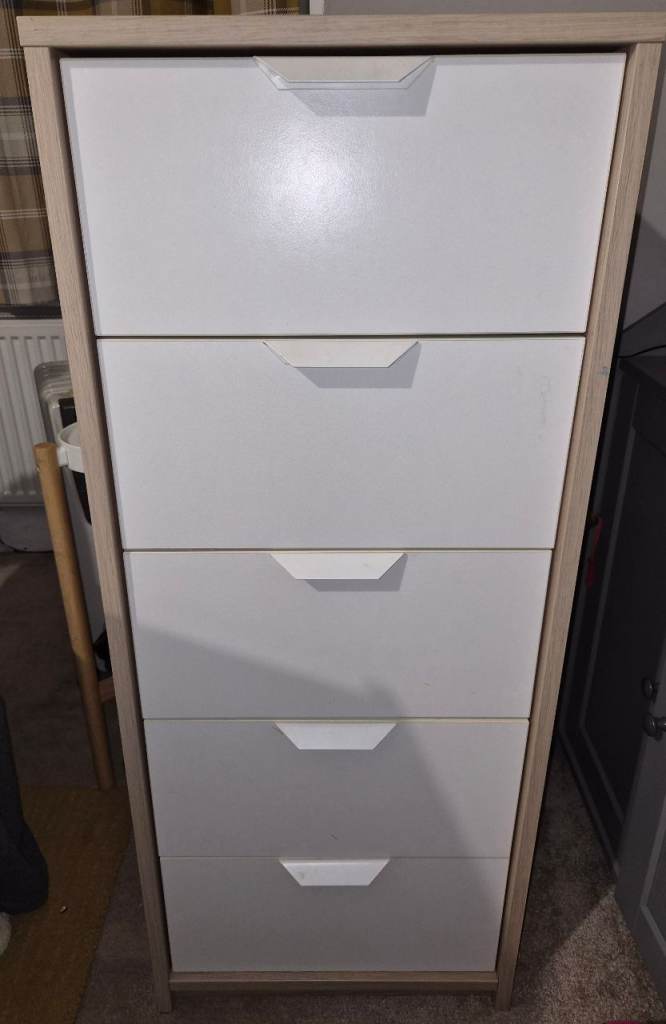 IKEA Askvoll 5-drawer chest in a white stained oak effect/white finish
