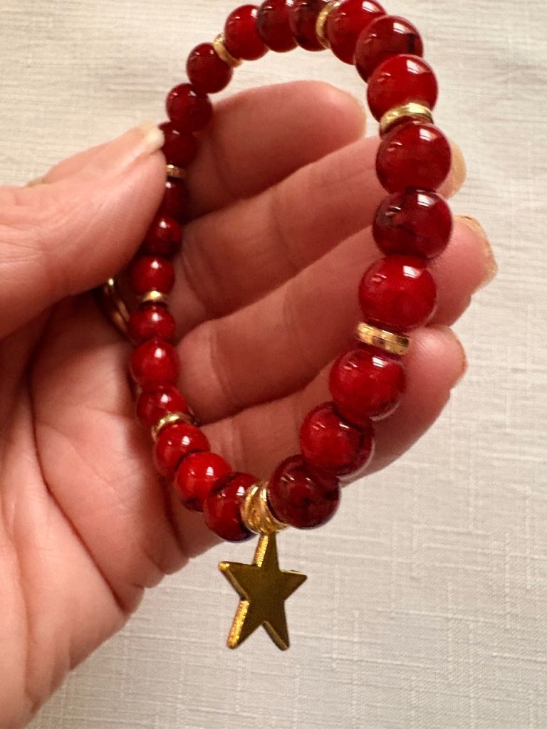 Lovely Red Beaded Bracelet with Cute Gold Star Charm