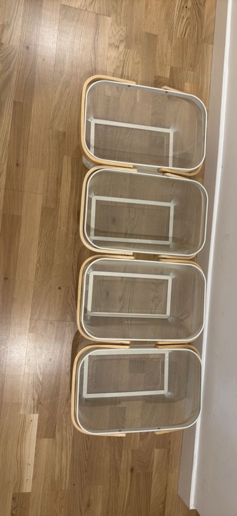 Set of 4 White Metal Storage Baskets with Wooden Handles