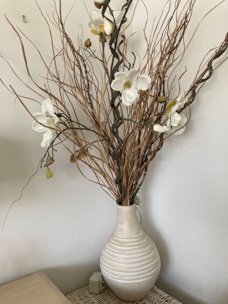 Cream Ceramic Vase with Decorative Branches and Flowers