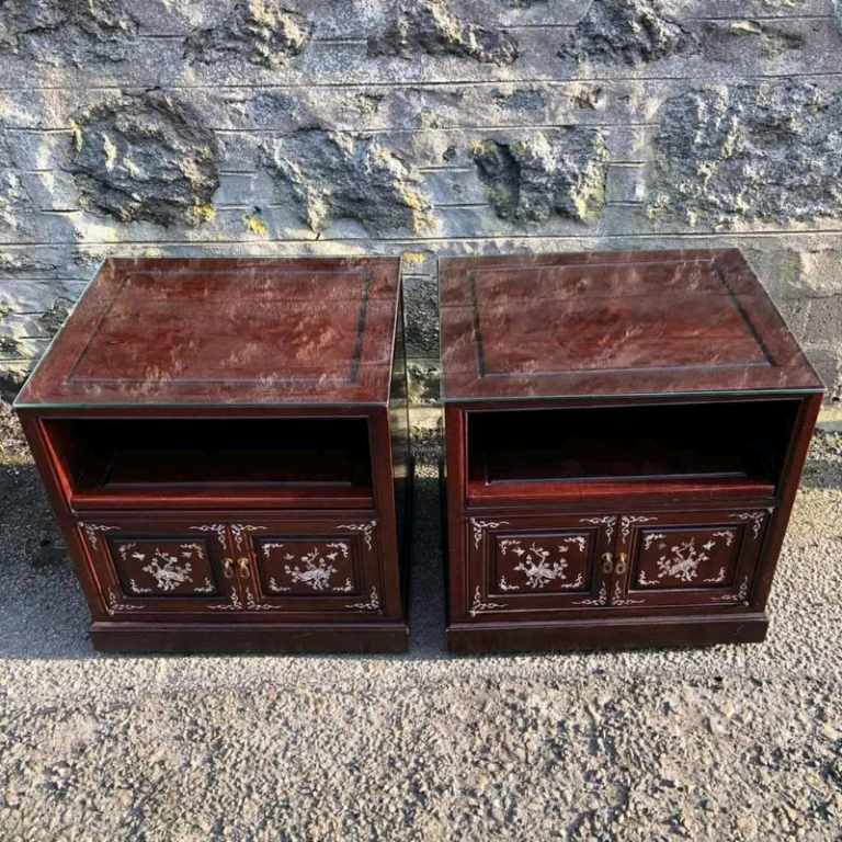 Pair Oriental Glass Topped Bedside Cabinets With Mother of Pearl Inlay