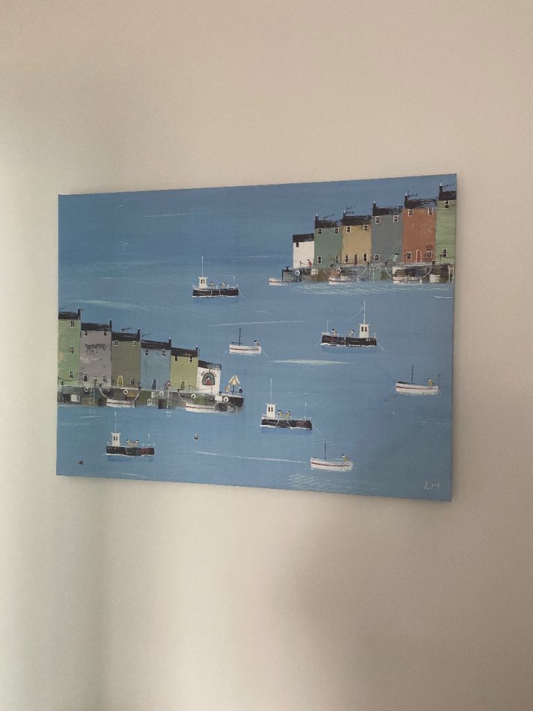 Coastal Harbour Scene Painting – Blue, Good Condition