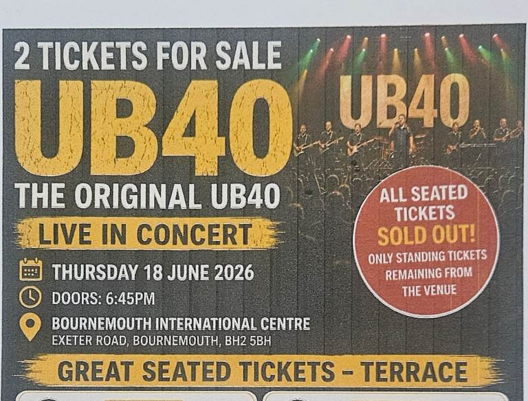 2 x UB40 Concert Tickets BIC Bournemouth