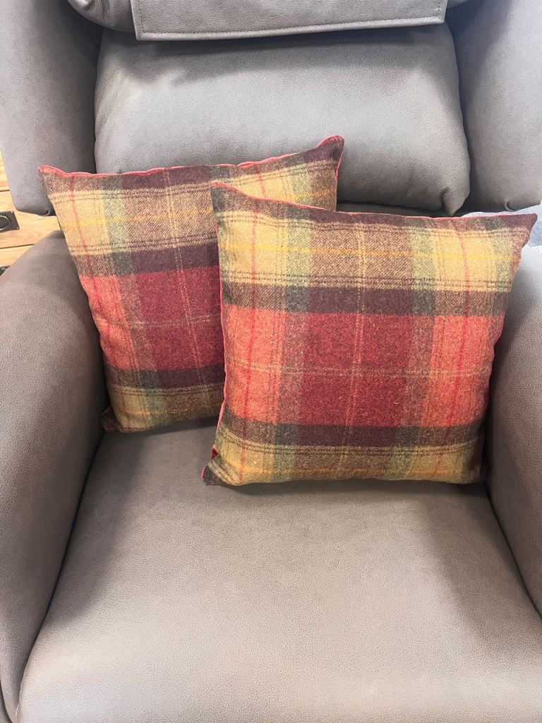Pair of 16inch red check wool cushions NEW
