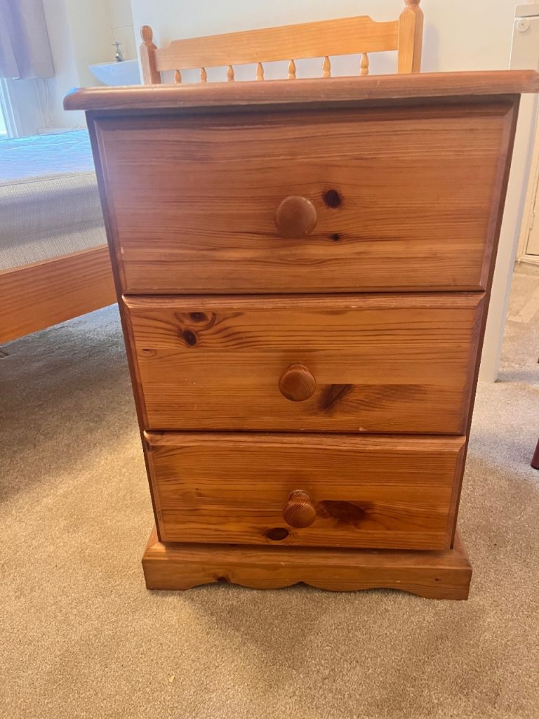 Pine Bedside Table with 3 Drawers – Good Condition
