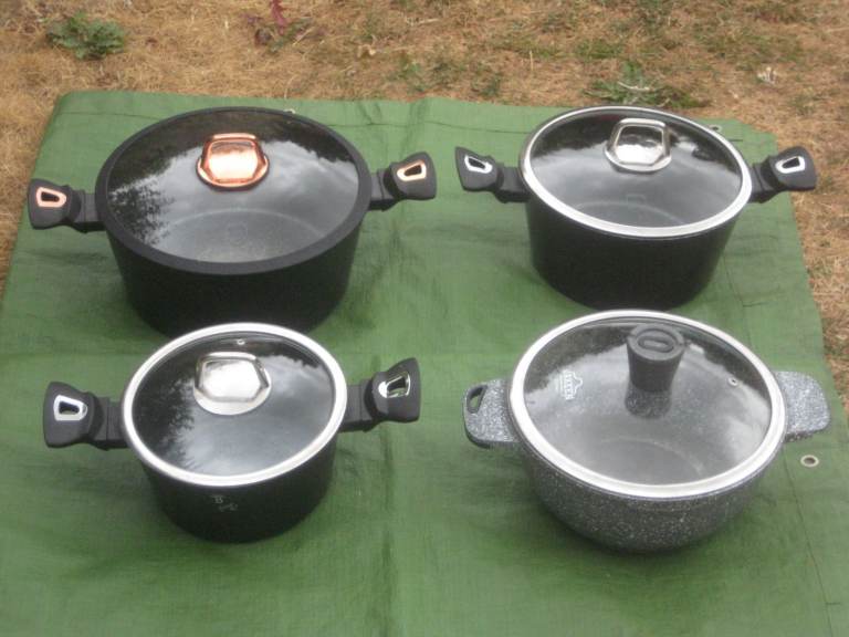 4 Granite Marble Coated Aluminium Pots with Glass Lids:- Please See Description for Prices & Details