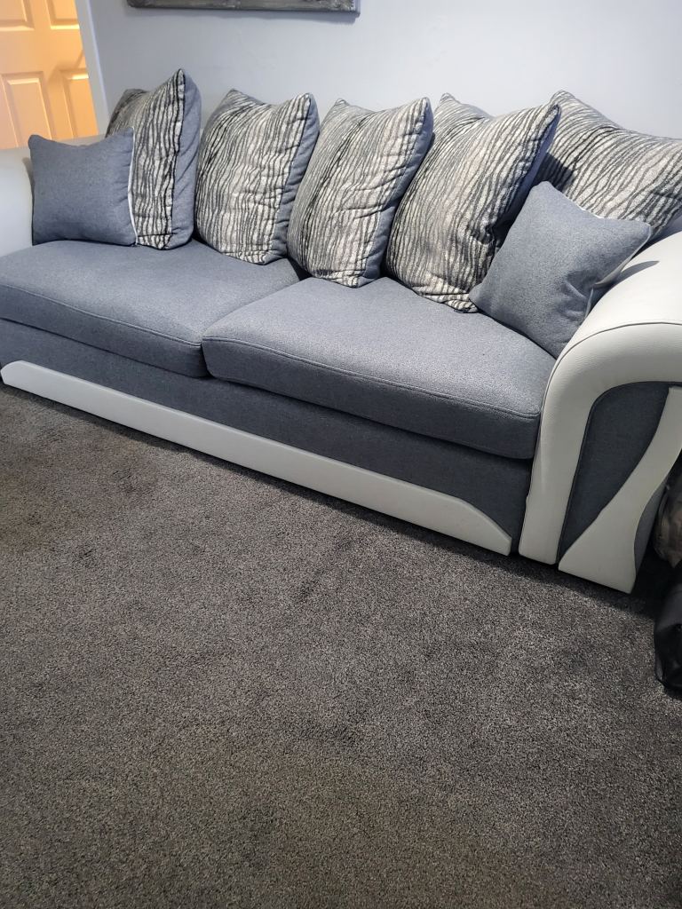 Lovely Blue Fabric Sofa with White Accents - Good Condition
