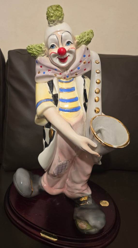 Cevik Italy Clown Figurine with Saxophone on Wooden Base