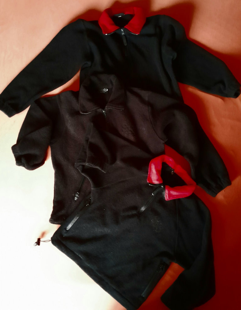 3 Black Fleeces, 2 with red collars. One c. age 6, two age 8/9