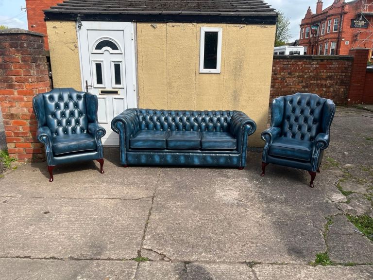 Antique Blue Chesterfield 3 Piece Suite Set