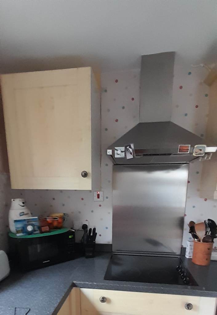 Light beech colour kitchen units; wall and tall appliance housing, 50/50 fridge, hob, extractor
