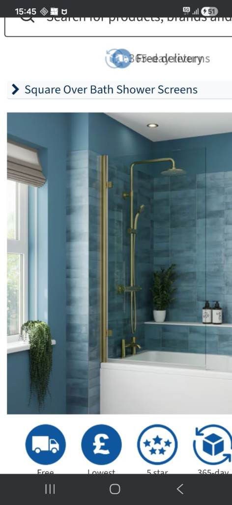 Bath Shower Screen in brushed brass with 6mm clear glass 