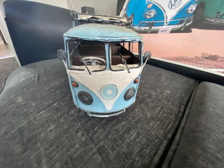 VW Camper Van Model with Surfboards – Blue Metal Decor with large picture