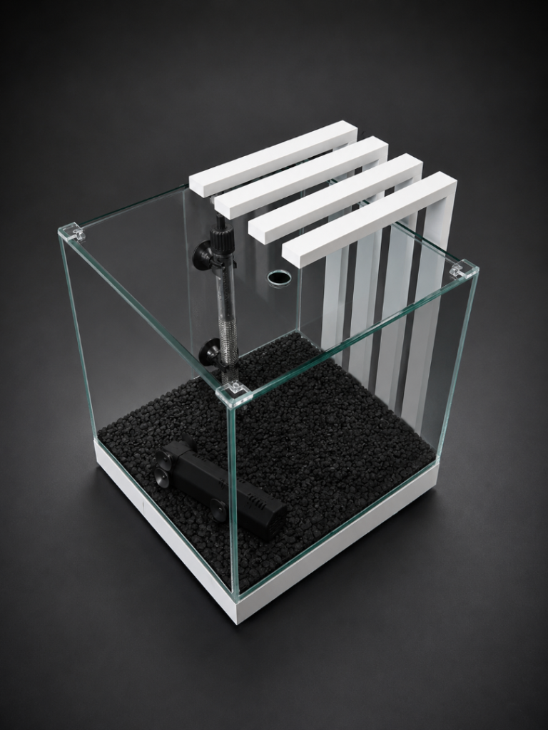 Small Cube Glass Fish Tank Aquarium with White Stand, Top Platform + Eheim Heater & Submersible Pump