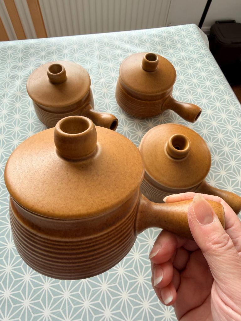 SOLD! Set of four Vintage Denby Langley 'Canterbury' Vintage Stoneware Lidded Handled Soup Bowls