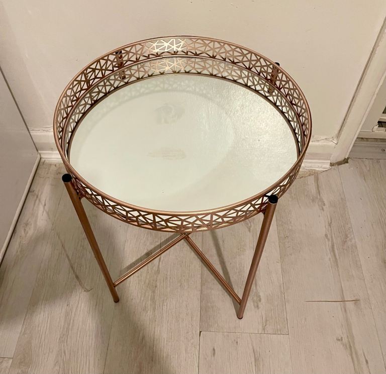 Rose Gold Metal Side Table with Mirror Top
