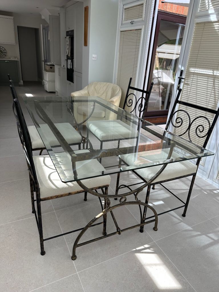 Wrought Iron & Glass Dining Table with 4 Chairs