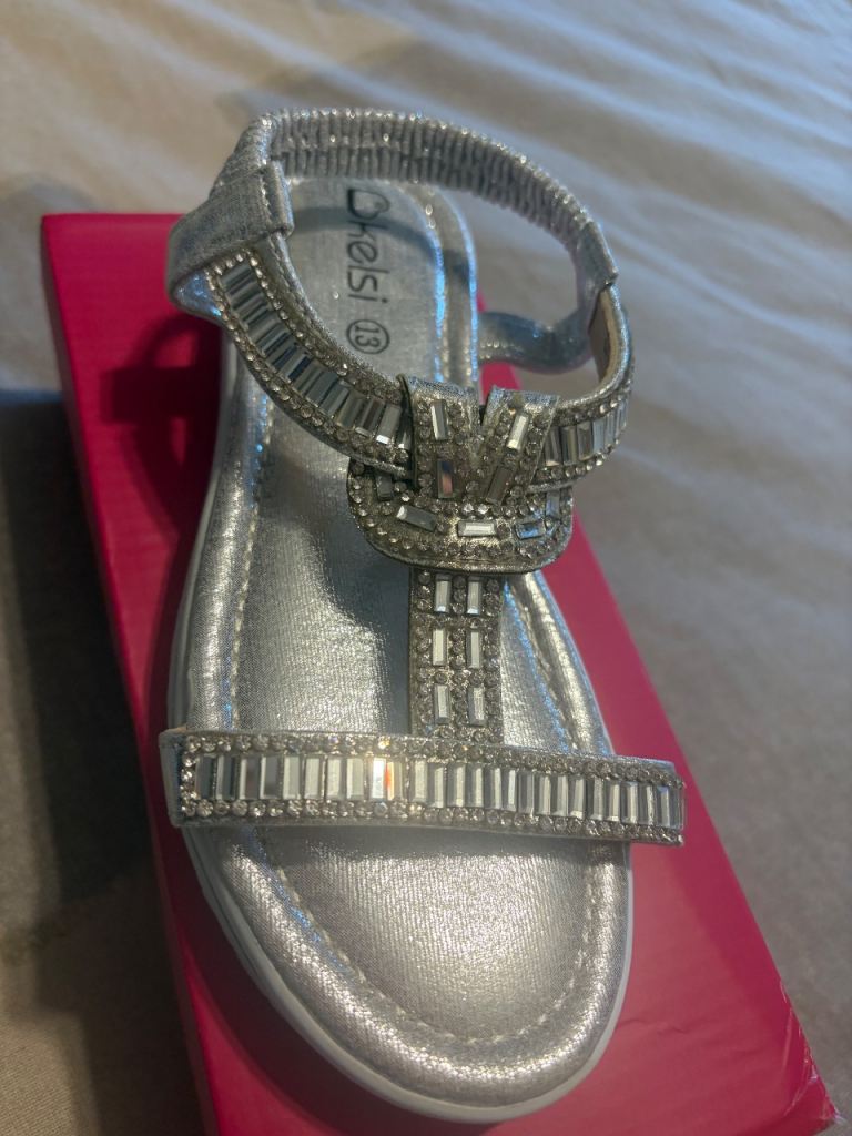 Kelsi Silver Diamante Sandals - Kids Size 13, Brand New