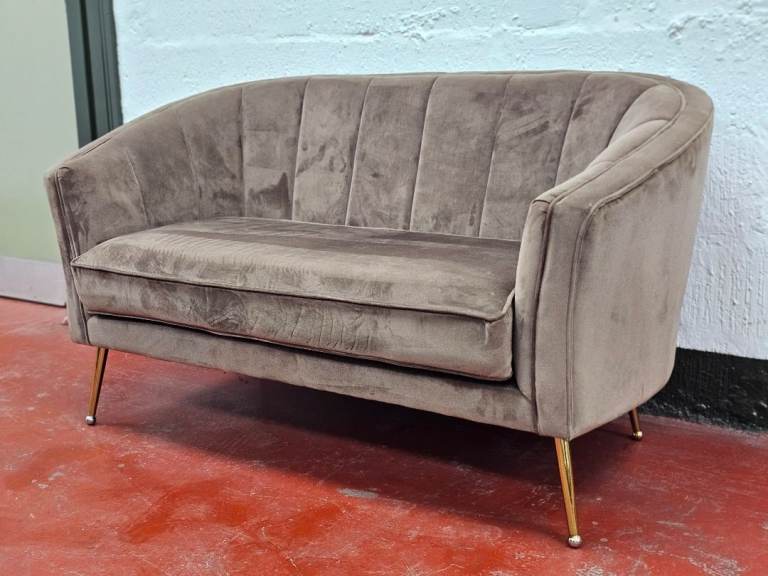 Grey Suede-Effect 2 Seater Sofa / Love Seat (Art Deco Style) 🚚 Free Delivery 