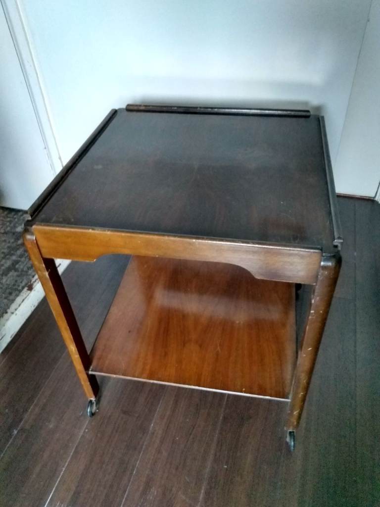 Vintage serving cart, wooden bar tea trolley, wheels, storage cocktail table.