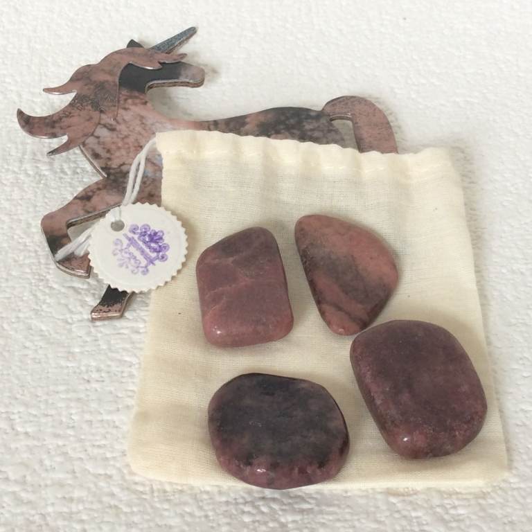 x4 Pink rhodonite tumbled stones - Natural polished gemstone - 30-35mm with bag (#1)