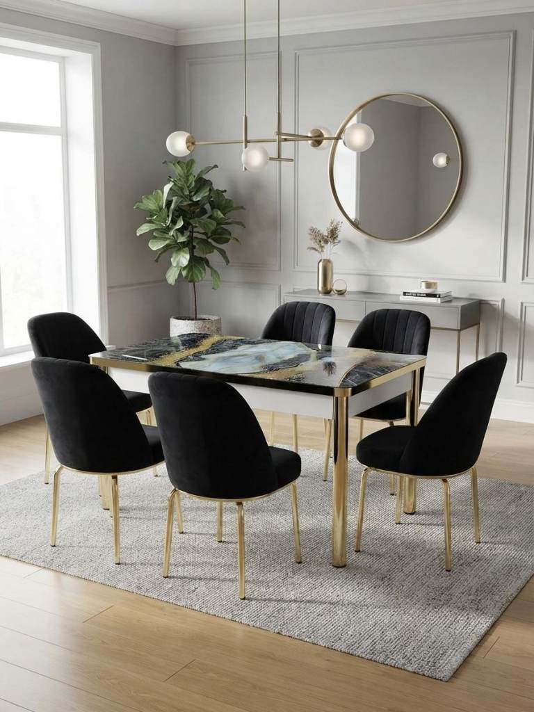 New Black and Gold Dining Table and 6 Chairs Set