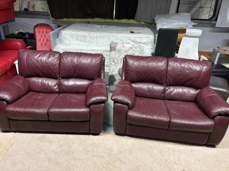 image for Burgundy Leather 2 and 2 Seater Sofas 