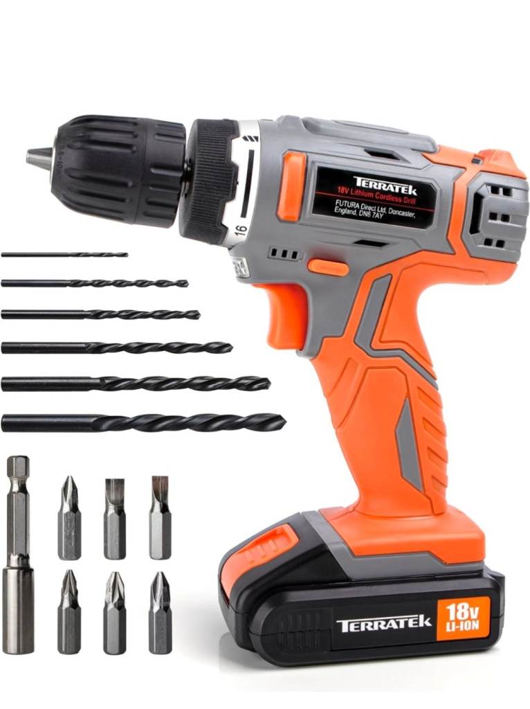 Terratek Cordless Drill Driver 18V Lithium-Ion, 13Pc Electric Screwdriver Set, Electric Drill