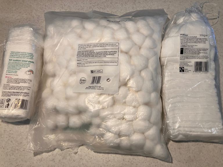 Cotton wool balls, pads and pleats 