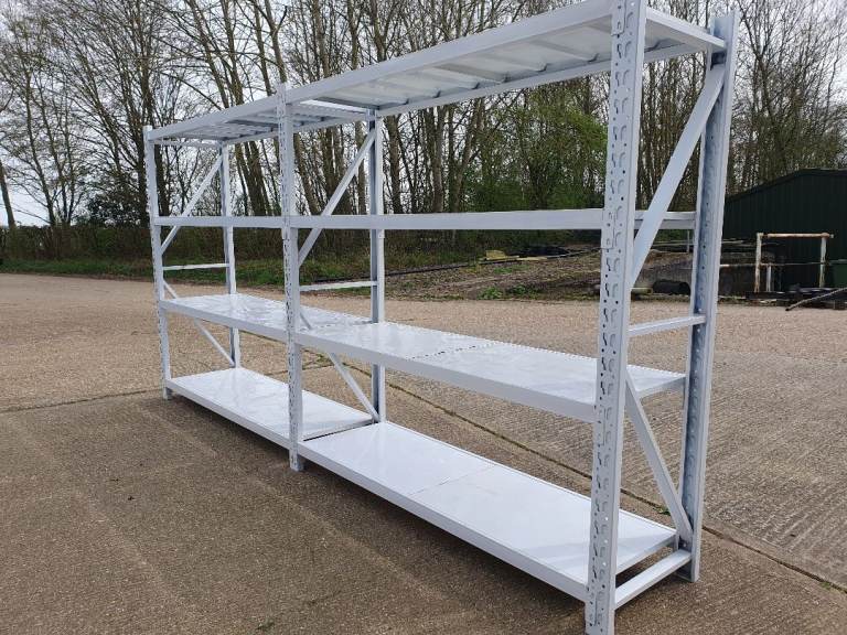 White Metal Racking Shelving with Metal Trays. 2 x Complete Bays. 200kgs per shelf. £250