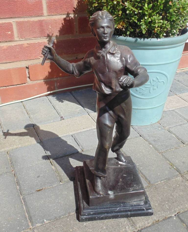 (#20) French Bronze Man holding baton 16" by E.Loieau statue ornament (pick up or post, Dy4 area)