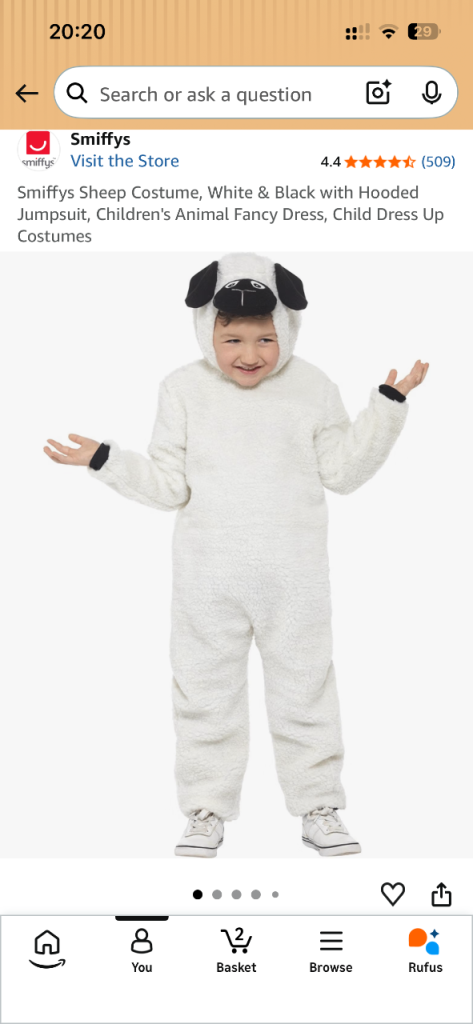 Smiffys Kids Sheep Costume – size S(age4-6)White, As Good As New