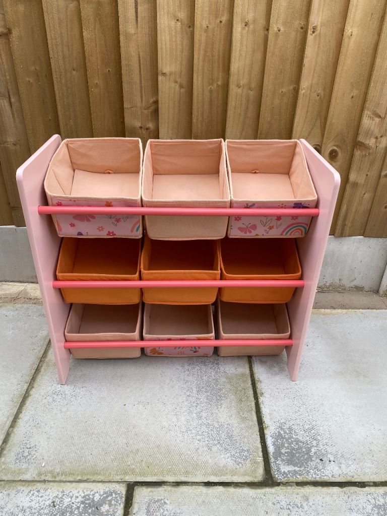book case storage shelves 3 Tier Toy Storage Unit with 9 Fabric Boxes pink orange