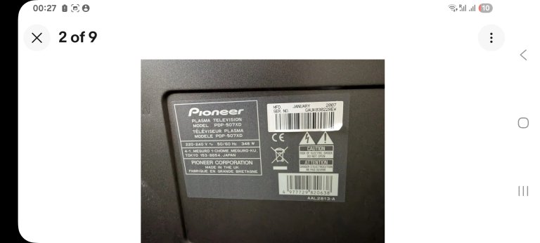 Pioneer Plasma screen 50 inches, PDP-507XD