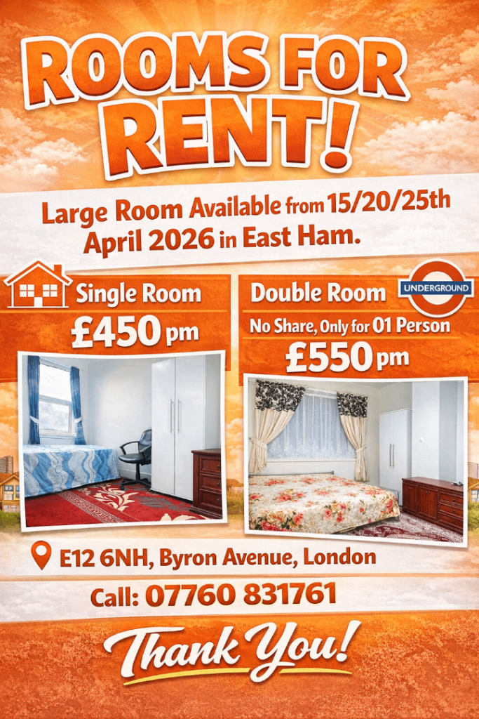 RENT LARGE DOUBLE & SINGLE ROOM IN EAST HAM