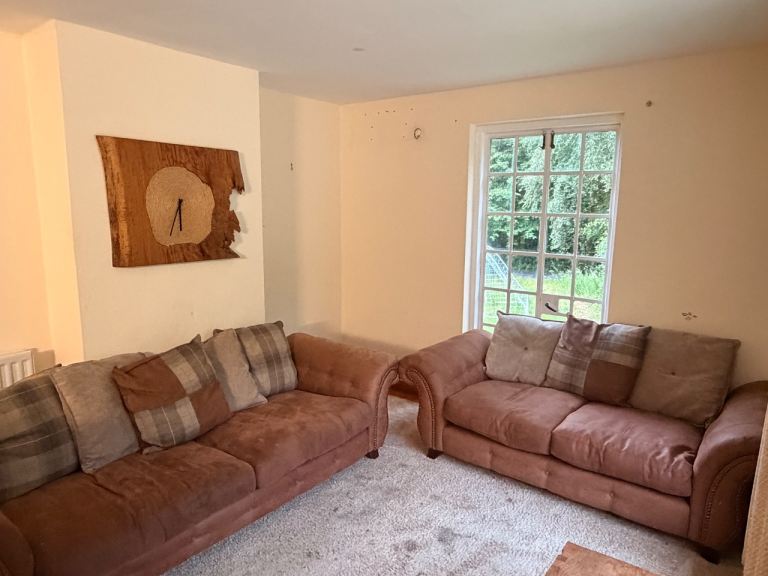 Pair of Brown Fabric Sofas with Cushions – Good Condition