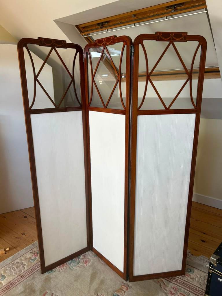 Antique Wooden Three-Panel Room Divider Screen with Inlay