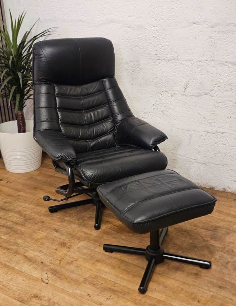 Midcentury Norwegian Skoghaug Industries Vintage Black Leather Swivel Reclining 🚚 Free delivery 