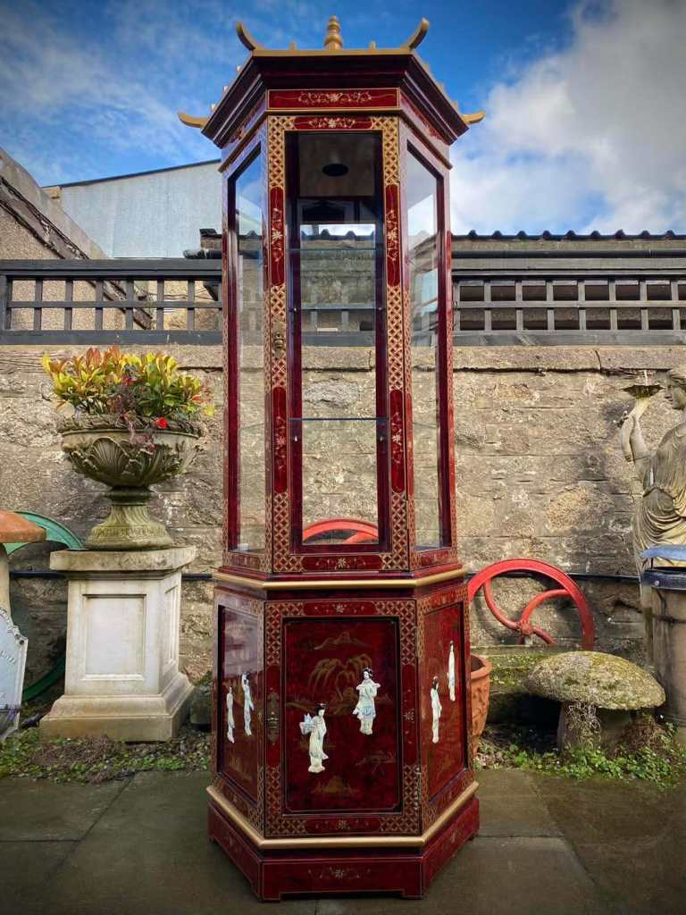 Tall (7ft) Chinese Oriental Style Red Lacquered Hexagonal Glazed Pagoda Display Cabinet