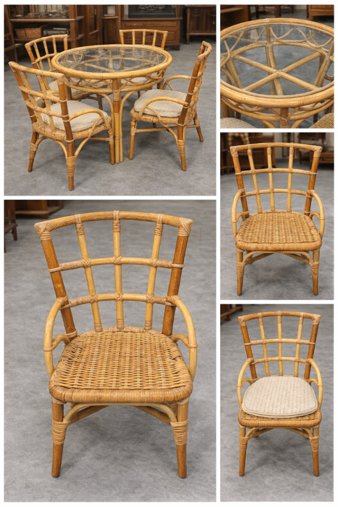 Vintage Rattan Dining Table & 4 Chairs with Glass Top