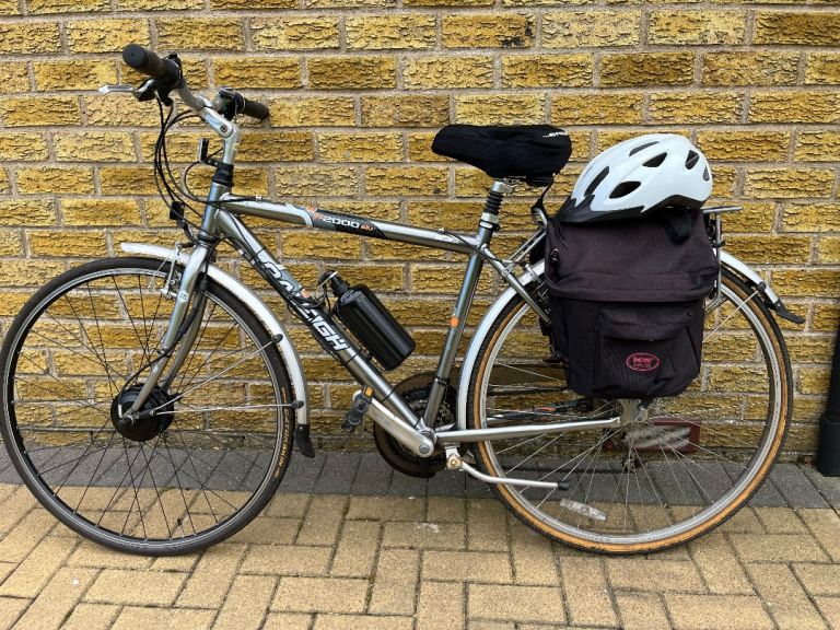 Electric Raleigh Hybrid Bike – Silver, Good Condition with Pannier